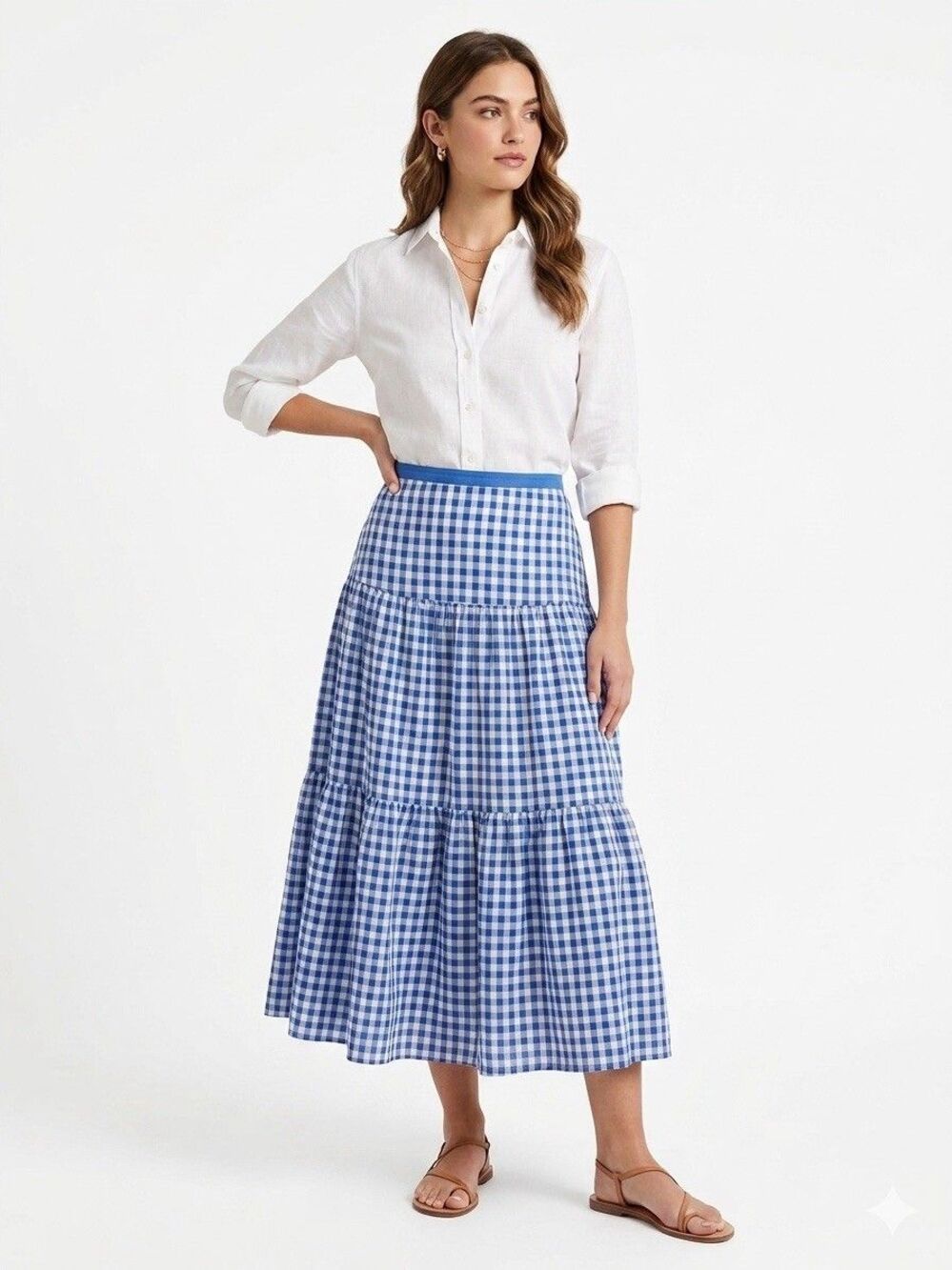 Lauren Ralph Lauren Maxi Skirt Womens 14 Blue Gingham Linen Tiered Cottagecore